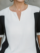 Women's Premium Minimalist Black & White Color-Block Cotton-Linen Crew-Neck Short-Sleeve T-Shirt ZMZ1746F4ZYY