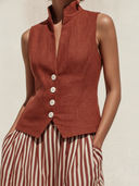 Women's Premium Vintage Cotton-Linen Single-Breasted Vest And Vertical-Stripe Skirt Set ZMZ1772F6ZYY