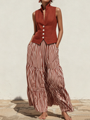 Women's Premium Vintage Cotton-Linen Single-Breasted Vest And Vertical-Stripe Skirt Set ZMZ1772F6ZYY