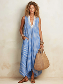 Women's Classic Striped V-Neck Loose Maxi Dress With Lace Paneling ZMZ2202F7SWL