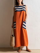 Women's Classic Striped Patchwork Cotton-Linen Sleeveless Loose Maxi Dress ZMZ2268F1SWL