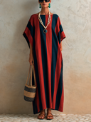 Women's Classic Loose-Fit Color-Block Striped Cotton-Linen Maxi Dress ZMZ2293F0SWL