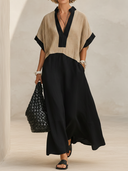 Women's Premium Vintage Cotton-Linen Patchwork V-Neck Short-Sleeve Loose Maxi Dress ZMZ2223F5ZYY