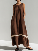 Women's Premium Vintage Cotton-Linen Patchwork Sleeveless With Round Neck Loose Maxi Dress ZMZ2279F5ZYY