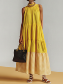 Women's Casual Resort-Style – Loose Fit, Stand Collar, Plaid Pattern, And Cotton-Linen Blend Sleeveless Maxi Dress  ZMZ2278F5ZYY