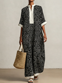 Women's Vintage Casual Cotton-Linen Printed V-Neck Short-Sleeve Loose Maxi Dress ZMZ2283F7ZYY