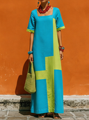 Women's Casual Resort-Style Cotton-Linen Blend Square-Neck Short-Sleeve Loose Maxi Dress ZMZ2260F2ZYY