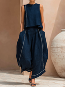 Women's Vintage Casual Cotton-Linen Sleeveless Round-Neck Top And Loose Pants Set ZMZ2249F2ZYY