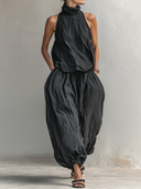 Women's Premium Minimalist Tencel-Cotton-Linen Sleeveless Mandarin Collar Top And Loose-Fit Trouser Set ZMZ2248F2ZYY