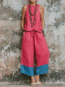 Women's Casual Resort-Style Cotton-Linen: Sleeveless Round-Neck Top And Loose-Fit Pants Set ZMZ2221F8ZYY