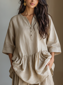 Women's Casual Vintage Cotton-Linen Loose Short-Sleeve Henley Shirt ZMZ2299F5ZYY