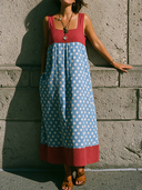 Women's Casual Resort-Style Polka-Dot Panels And Square Neck Cotton-Linen Blend Sleeveless Maxi Dress ZMZ2218F4ZYY