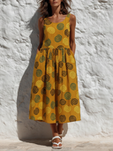 Women's Casual Printed Cotton Linen Round Neck Midi Dress ZMZ2276F0XT