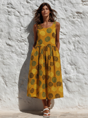 Women's Casual Printed Cotton Linen Round Neck Midi Dress ZMZ2276F0XT