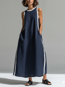 Women's Cotton-Linen Color-Block Crew-Neck Maxi Dress ZMZ2271F2XT