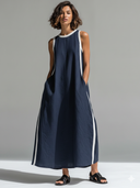 Women's Cotton-Linen Color-Block Crew-Neck Maxi Dress ZMZ2271F2XT