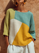Women's Color Block Cotton Linen Crew Neck Long Sleeve T-Shirt ZMZ2266F6XT