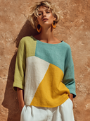 Women's Color Block Cotton Linen Crew Neck Long Sleeve T-Shirt ZMZ2266F6XT