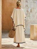 Women's Cream Cotton Two-Piece Outfit, Oversized V-Neck Cape Top & Flared Midi Skirt Set With Black Contrast Trim ZMZ2256F0SWL