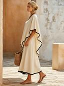 Women's Cream Cotton Two-Piece Outfit, Oversized V-Neck Cape Top & Flared Midi Skirt Set With Black Contrast Trim ZMZ2256F0SWL