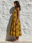 Women's Casual Printed Cotton Linen Round Neck Midi Dress ZMZ2276F0XT