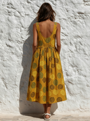 Women's Casual Printed Cotton Linen Round Neck Midi Dress ZMZ2276F0XT