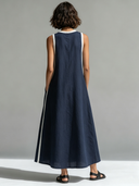 Women's Cotton-Linen Color-Block Crew-Neck Maxi Dress ZMZ2271F2XT
