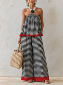 Women's Classic Plaid Strapless Top And Wide-Leg Pants Set ZMZ2229F8SWL