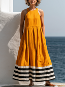Women Cotton Linen Halter Sleeveless Maxi Dress Color Block Striped Hem Pleated Loose Flowy Vacation Dress With Pockets ZMZ2359F0YZH