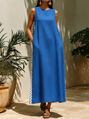 Women's Casual Resort-Style Webbing Trim And Round Neck Cotton-Linen Sleeveless Maxi Dress ZMZ2303F1ZYY