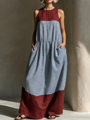 Women's Casual Resort-Style – Loose Fit, Round Neck, Plaid Pattern, Cotton-Linen Blend With Panel Detailing Sleeveless Maxi Dress ZMZ2320F2ZYY