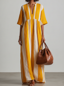 Women's Casual Resort-Style Cotton-Linen Yellow & White Striped V-Neck Short-Sleeve Loose Maxi Dress ZMZ2362F7ZYY