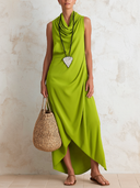 Women's Stylish Avocado Green Cotton-linen Sleeveless Maxi Dress With A Scrunch-neck Design ZMZ2313F7SWL