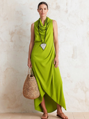 Women's Stylish Avocado Green Cotton-linen Sleeveless Maxi Dress With A Scrunch-neck Design ZMZ2313F7SWL