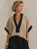 Women's Premium Vintage Cotton-Linen Patchwork V-Neck Short-Sleeve Loose Maxi Dress ZMZ2223F5ZYY