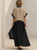 Women's Premium Vintage Cotton-Linen Patchwork V-Neck Short-Sleeve Loose Maxi Dress ZMZ2223F5ZYY