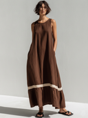 Women's Premium Vintage Cotton-Linen Patchwork Sleeveless With Round Neck Loose Maxi Dress ZMZ2279F5ZYY