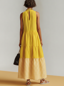 Women's Casual Resort-Style – Loose Fit, Stand Collar, Plaid Pattern, And Cotton-Linen Blend Sleeveless Maxi Dress  ZMZ2278F5ZYY