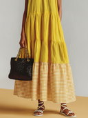 Women's Casual Resort-Style – Loose Fit, Stand Collar, Plaid Pattern, And Cotton-Linen Blend Sleeveless Maxi Dress  ZMZ2278F5ZYY