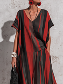 Women's Vintage-Style Casual Vacation  – Cotton-Linen Blend, Striped Print, V-Neck, Short Sleeves, Loose Fit Maxi Dress ZMZ2800E4ZYY