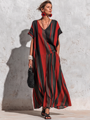 Women's Vintage-Style Casual Vacation  – Cotton-Linen Blend, Striped Print, V-Neck, Short Sleeves, Loose Fit Maxi Dress ZMZ2800E4ZYY