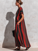 Women's Vintage-Style Casual Vacation  – Cotton-Linen Blend, Striped Print, V-Neck, Short Sleeves, Loose Fit Maxi Dress ZMZ2800E4ZYY