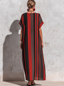Women's Vintage-Style Casual Vacation  – Cotton-Linen Blend, Striped Print, V-Neck, Short Sleeves, Loose Fit Maxi Dress ZMZ2800E4ZYY
