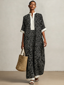 Women's Vintage Casual Cotton-Linen Printed V-Neck Short-Sleeve Loose Maxi Dress ZMZ2283F7ZYY