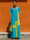 Women's Casual Resort-Style Cotton-Linen Blend Square-Neck Short-Sleeve Loose Maxi Dress ZMZ2260F2ZYY