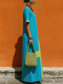 Women's Casual Resort-Style Cotton-Linen Blend Square-Neck Short-Sleeve Loose Maxi Dress ZMZ2260F2ZYY