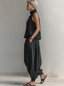 Women's Premium Minimalist Tencel-Cotton-Linen Sleeveless Mandarin Collar Top And Loose-Fit Trouser Set ZMZ2248F2ZYY