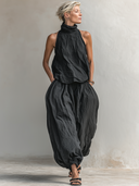 Women's Premium Minimalist Tencel-Cotton-Linen Sleeveless Mandarin Collar Top And Loose-Fit Trouser Set ZMZ2248F2ZYY