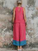 Women's Casual Resort-Style Cotton-Linen: Sleeveless Round-Neck Top And Loose-Fit Pants Set ZMZ2221F8ZYY
