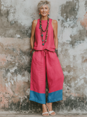 Women's Casual Resort-Style Cotton-Linen: Sleeveless Round-Neck Top And Loose-Fit Pants Set ZMZ2221F8ZYY